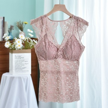 【Lydia】現貨 蕾絲美背內衣 V領性感內搭外穿背心 乳膠胸墊(四色可選)