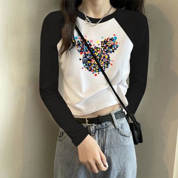 美式黑白拼色插肩袖T恤女長袖短款撞色上衣潮早秋棉質印花打底衫