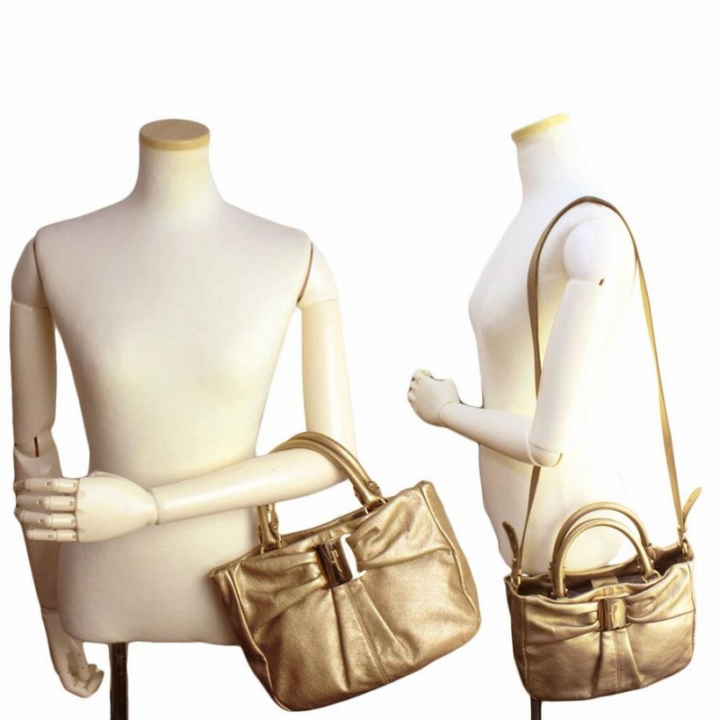 フェラガモ ヴァラ レザー 2WAY ショルダーハンドバッグ ゴールド レディース 21C339(美品)