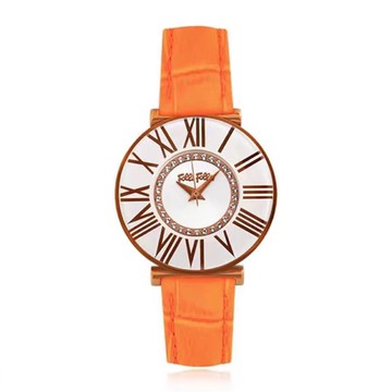 【Folli Follie】29毫米 復古時尚 羅馬字盤 鱷魚壓紋真皮腕錶(玫瑰金X橘 FF488524)