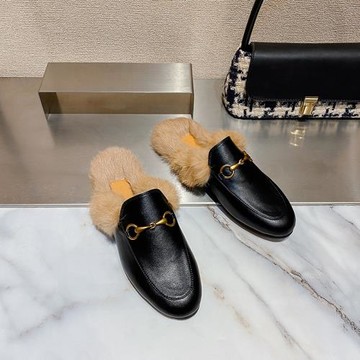 潮牌毛毛拖鞋女包頭半拖外穿2022秋冬新款馬銜扣懶人鞋平底穆勒鞋