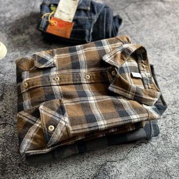 日系復古純棉磨毛水洗長袖格子襯衫春秋寬松休閑男青年襯衣外套潮