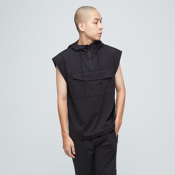 【VOUX】抗菌高彈口袋連帽背心(男)-無煙煤黑