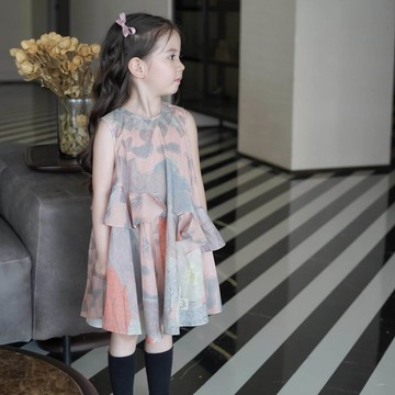 Wawama - 圓領荷葉邊無袖洋裝-藝術拼色-灰橘色