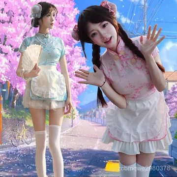 🔥臺灣出貨🔥中華小廚娘 洛麗塔日係Lolita女僕圍裙COS服新中式旂袍連衣裙套裝hhfoof