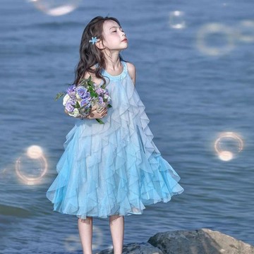 Mini baby🌷女童公主裙連衣裙夏裝兒童藍色艾莎生日禮服愛莎夏裙子