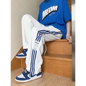 白色冰絲褲子男夏季薄款空調褲美式復古條紋運動褲直筒寬松休閑褲