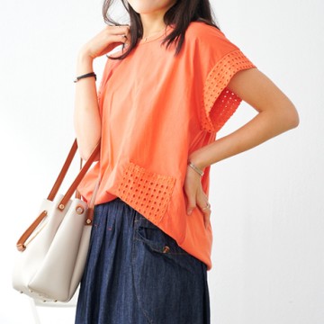 慢 生活 鏤空邊袖接造型棉質上衣- 橘色