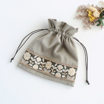 印度刺繡絲帶束口袋 米 beige