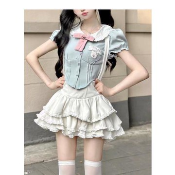 甜妹純欲少女泡泡袖短款襯衫上衣夏季學院風娃娃領背帶蛋糕裙套裝