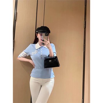 春夏tb學院風休閑針織衫小狗翻領短袖羊毛減齡polo上衣t恤高版本