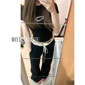 175高個子加長美式冰絲闊腿褲女高腰垂感拼接抽繩寬松休閑拖地褲