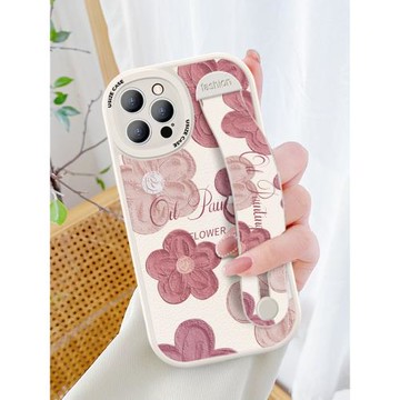 油畫花蘋果17Promax手機殼新款13腕帶iPhone16Promax女款14小羊皮13時尚12pro小清新max軟硅膠15全包plus夏天