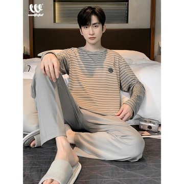 男士睡衣春秋季款莫代爾條紋加大碼休閑簡約秋天男生家居服套裝