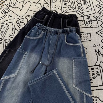 時尚潮流黑色牛仔褲男高級感休閒百搭寬鬆長褲男