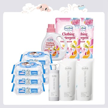 【Baan 貝恩】 寶寶超值屯貨組(柔濕巾80抽x12+嬰兒洗衣精1000ml+補800mlx2+泡泡香浴露500ml+泡泡香浴露補充包800mlx2) ｜新生禮、彌月禮、閨蜜送禮、寶寶新生兒禮、滿月