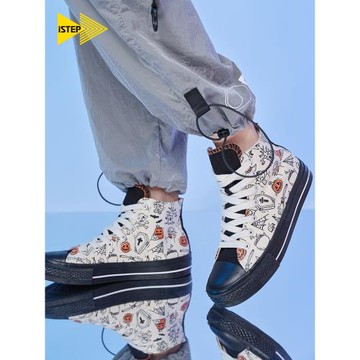iSTEP搞怪涂鴉帆布鞋女高幫潮流派對休閑時尚運動板鞋