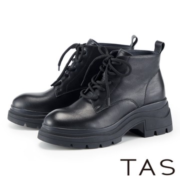 TAS 真皮綁帶鋸厚底馬丁短靴 黑色
