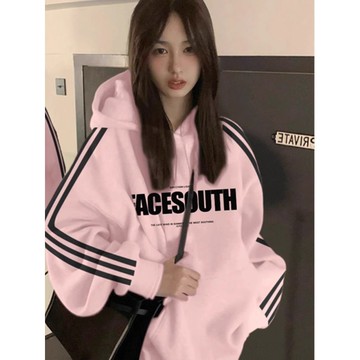 oversize美式多巴胺嫩粉色連帽衛衣女2024秋季新款三條杠外套上衣-享樂