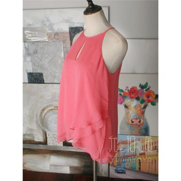 超劃算~外貿原單~漂亮西瓜紅下波浪下擺 不規則交叉多層真絲吊帶~