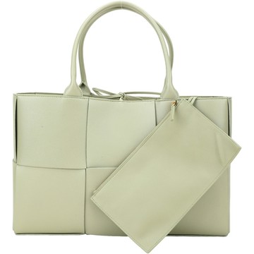 BOTTEGA VENETA 寶緹嘉 BV Arco 中款 寬編織小羊皮手提托特包(附萬用包/灰綠色)