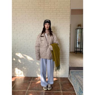 TDDP 字母刺繡菱形格棉服棉衣立領外套女冬季設計感寬松保暖棉襖