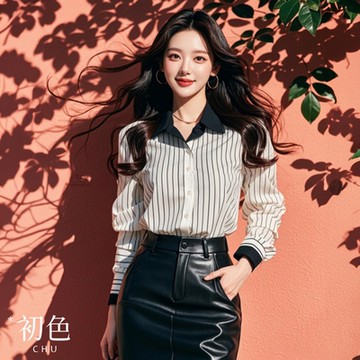 初色 法式通勤風簡約撞色條紋翻領單排釦長袖襯衫上衣女上衣-白色條紋-38156(M-3XL可選)
