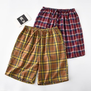 格子睡褲男士夏季純棉紗布雙層薄款寬松短褲沙灘五分可外穿家居褲