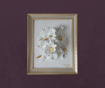 帶框 3D 牆壁藝術 白色和金色藝術品 3D 花朵裝飾牆板