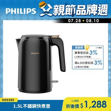 【飛利浦 PHILIPS】1.5L 不鏽鋼快煮壺(HD9389/80)