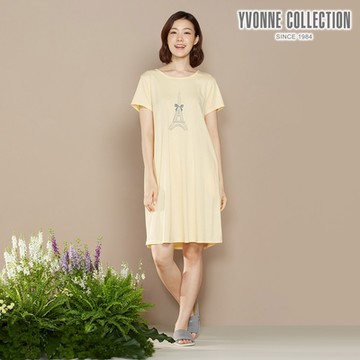 YVONNE 以旺傢飾 【乳木果】巴黎鐵塔印花短袖洋裝-鵝絨黃
