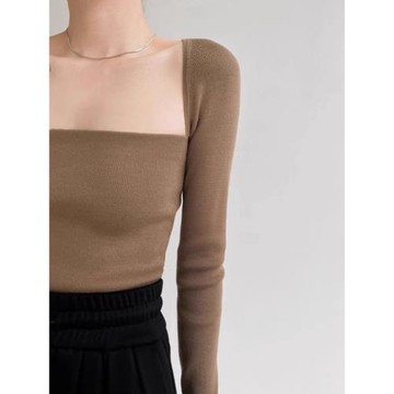 2025秋冬新款方領針織衫女法式設計感修身內搭露鎖骨長袖打底衫