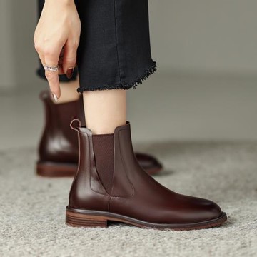 鹿與森林復古真皮切爾西短靴女粗跟2022秋冬新款方頭英倫風馬丁靴