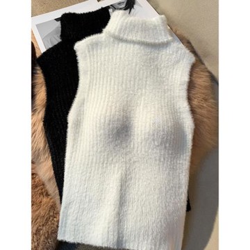 純欲掛脖吊帶毛絨背心女內搭冬款保暖無袖半高領水貂毛打底衫毛衣