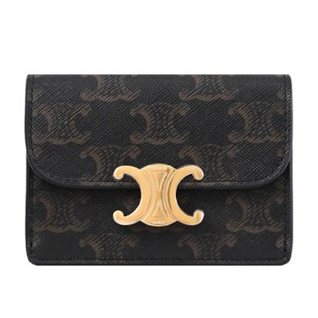CELINE TRIOMPHE 金屬LOGO經典花紋翻蓋零錢證件卡包.深咖