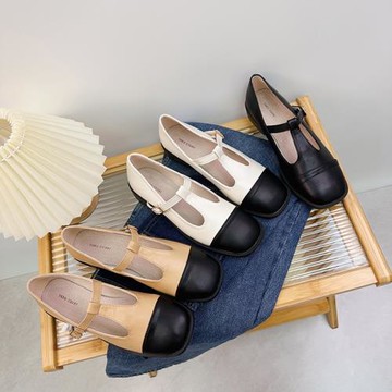 復古的腔調 T字帶黑白撞色方頭瑪麗珍單鞋真皮腳墊平底大碼女鞋