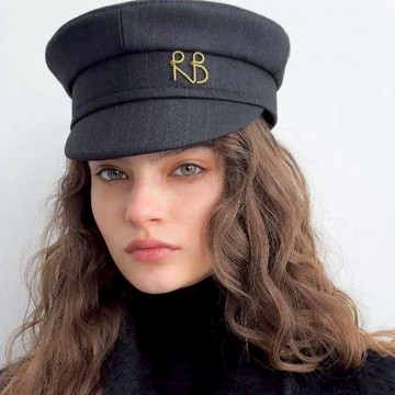 Ruslan Baginskiy RB金捲字線條黑棉毛料軍帽 - S