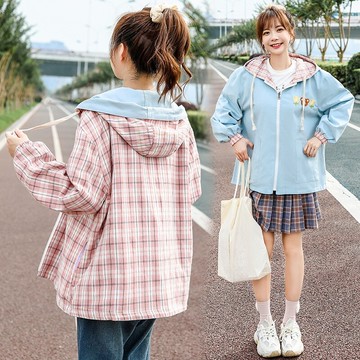 秋季小熊夾克外套 百搭時尚女生外套 格子女士外套 兩面穿潮流女生外套 簡約女外套韓版外套♠極有家♠