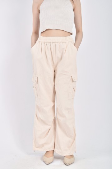 (XL) 高腰鬆緊腰褲管抽繩杏色長褲