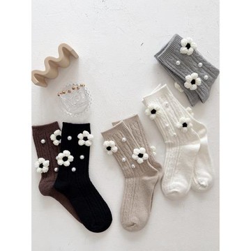 手工羊毛襪保暖加厚珍珠黑白小花堆堆襪中筒短靴襪子女ins潮網紅