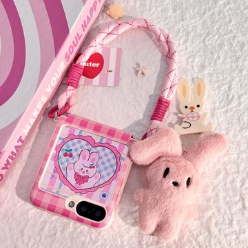 適用三星zflip6折疊手機殼粉邊護軸玫粉格紋質感皮紋殼zflip4/3掛件全包式防摔手提保護套三星zflip5保護殼