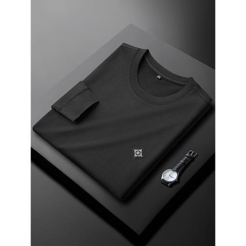 (免運)高端黑色長袖衛衣t恤男秋季薄款高級感潮牌小標休閑圓領套頭T恤男