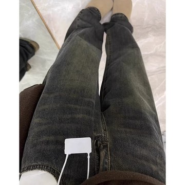 【FOH】牛仔褲 美式復古 牛仔直筒褲 高腰長褲 落地牛仔褲 顯瘦牛仔褲 彈力牛仔褲 女生牛仔褲 寬鬆牛仔褲