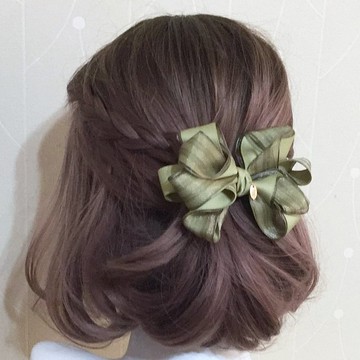 抹茶綠/ 雪紗多層條紋手工立體蝴蝶結彈簧夾 馬尾夾 大腸圈