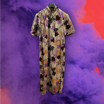 二手 棕咖紫配色 印花 絨布 輕薄 古董訂製 短袖 旗袍 PF1215