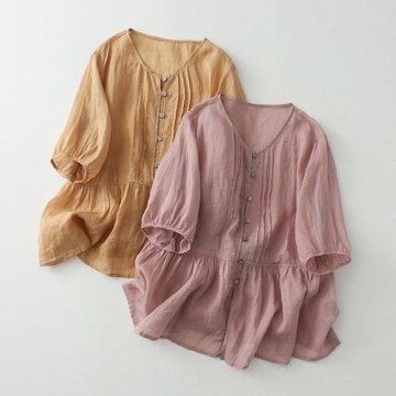 大碼女裝夏季胖mm遮肚顯瘦娃娃衫棉麻襯衣上衣法式風琴褶文藝襯衫