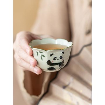 畫續草木灰手繪熊貓主人杯葵口八方杯功夫茶具單個陶瓷品茗杯對杯