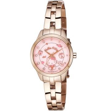 ［給你好運］【Hello Kitty 凱蒂貓】 甜美時尚大三針晶鑽女錶-玫瑰金x粉/28mm LK707LRPS