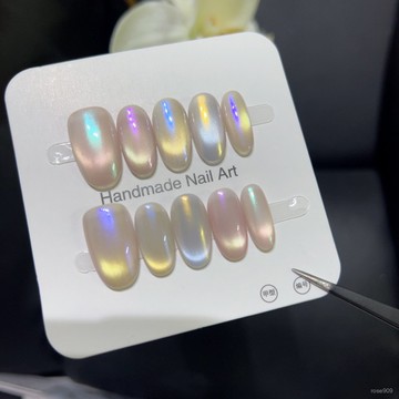 ➕最新設計款穿戴甲💅【珠光霓虹】幻彩人魚姬溫柔裸色追光貓眼極光漸變穿戴美甲片成品短橢圓穿戴甲 MD62