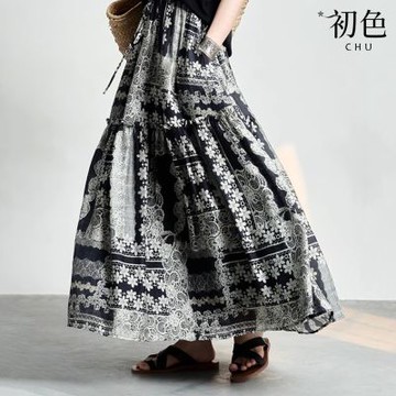 初色 文藝風撞色碎花拼接印花鬆緊高腰大擺半身裙長裙-花色-13549(M-2XL可選)